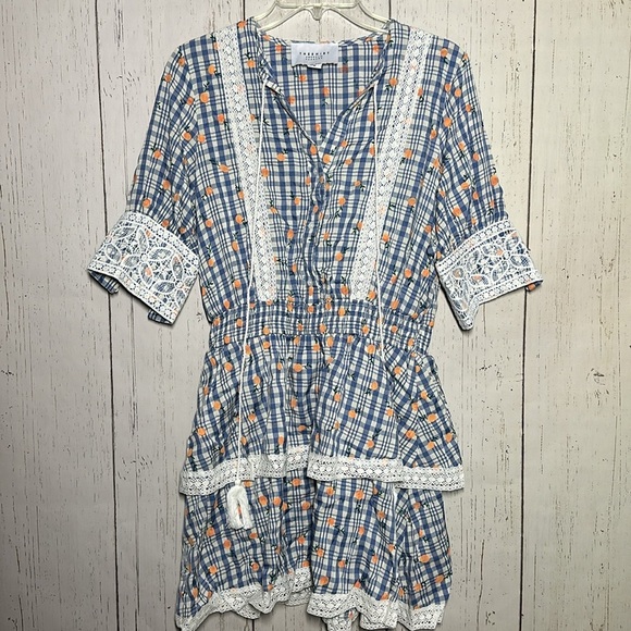 The Shirt Rochelle Behrens Plaid Ruffle Lace Oranges Print Tassle Mini Dress - Picture 1 of 6